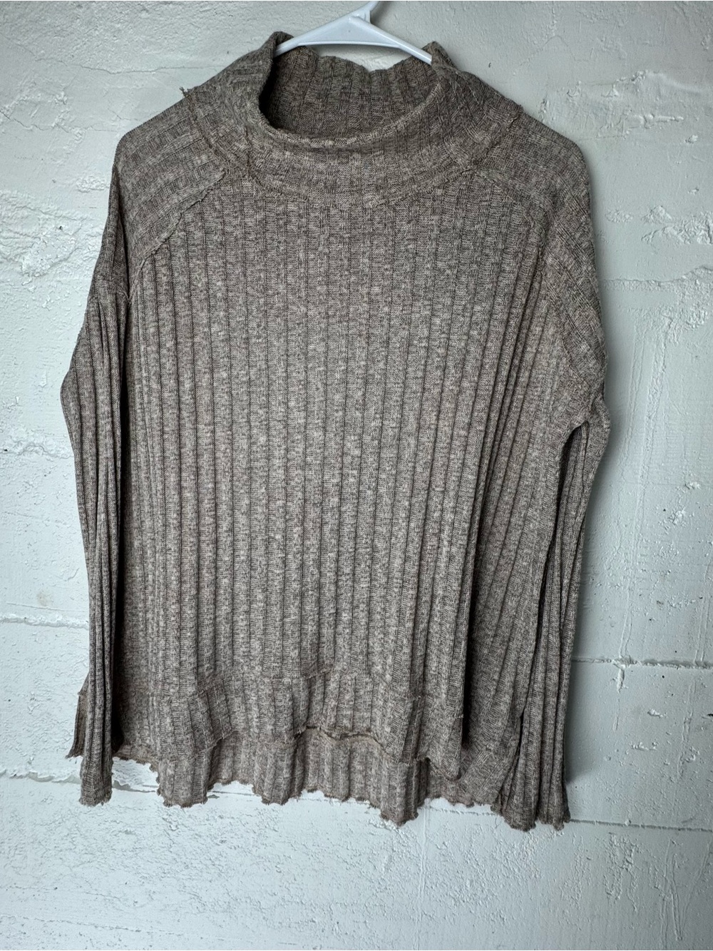 Free People Sweater Women XS taupe Clarissa Mock Neck Top Rib Knit Boho Layering